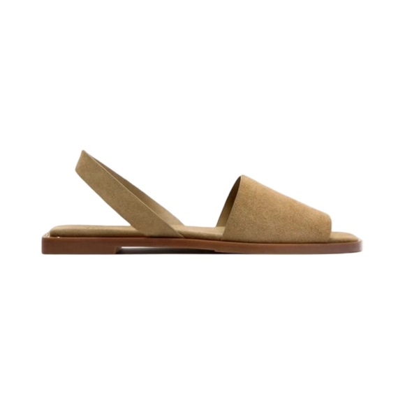 Zara Suede Flat Sandals Neutral Tan Square Toe Stud Detail EU 39 US 8.5 - Picture 2 of 12